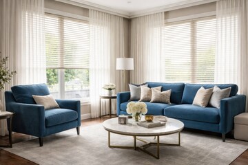 Fototapeta premium Stylish sitting room showcasing blue upholstery, soft white net curtains, and horizontal blinds on windows