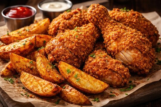 Tender broasted chicken with crispy battered coating and spiced potato wedges