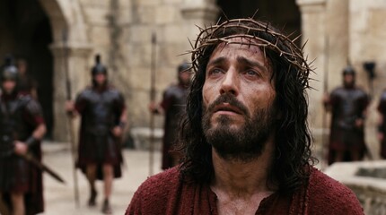 Fototapeta premium Man wearing crown of thorns with serious expression