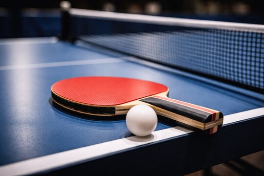 Ping pong bat and ball positioned on table margin before swift volley begins