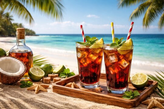 Tropical cocktail scene with rum and cola drinks on a beach with bright blue sea background and copy space