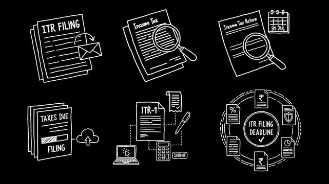Set of tax icons with ITR filing email, document magnifying glass, return calendar, taxes due cloud upload, ITR one submission, schedule infographic, 4k animated video, alpha transparent video.