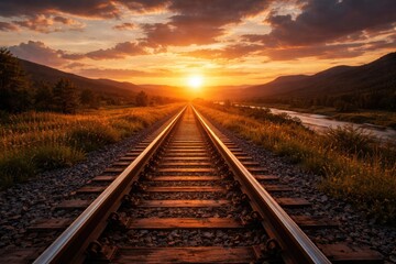 Fototapeta premium Track rails stretching far into the landscape at sunset
