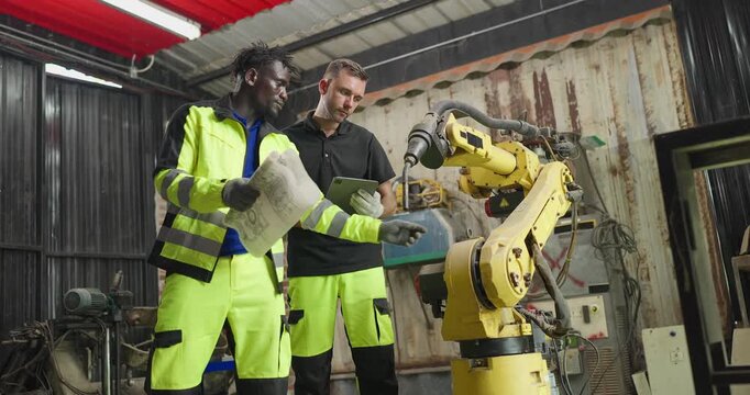 Supervisor Coaches Technician on Robotic Arm Maintenance with Technical Guidance