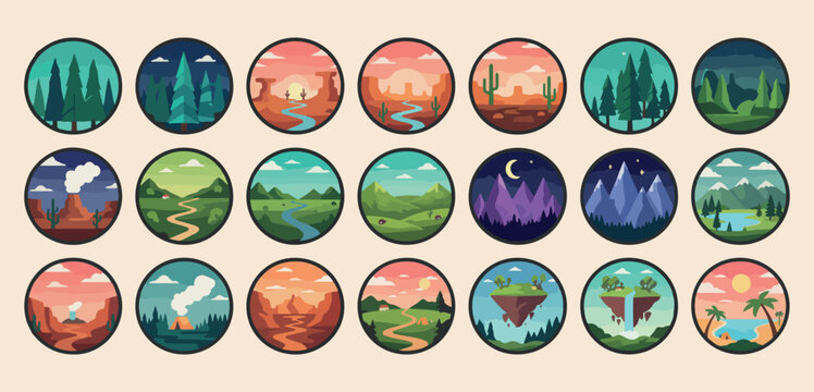 Nature landscape circle icons, Scenic mountain and river, Desert and forest badges, Outdoor adventure travel stickers, Seasonal environment graphics, Minimalist wilderness emblems, National park symbo