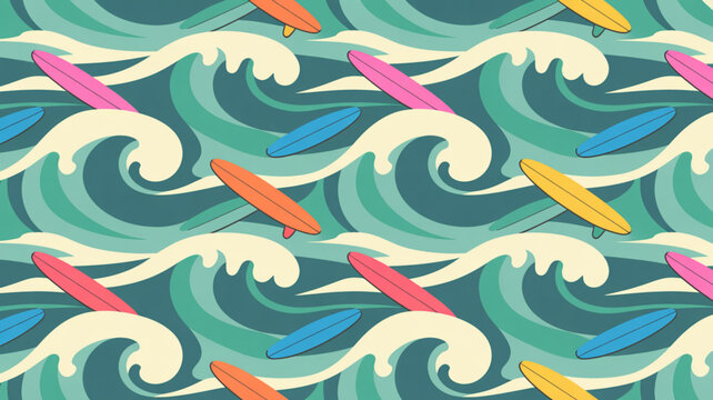 Surfboard wave pattern, colorful surfboards, ocean waves design, vector seamless texture isolated on Transparent Background