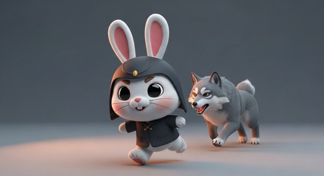 Cute Bunny And Wolf Character Duo
