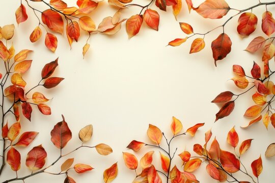 Elegant autumn border frame flat lay with warm orange and red fall leaves on branches, clean off-white background with central copy space for Thanksgiving marketing and seasonal greeting card design.