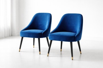 Fototapeta premium Two vibrant blue chairs arranged together on clean white floor space