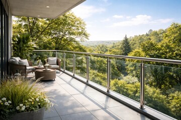 Fototapeta premium Balcony featuring transparent glass and reinforced steel railings emphasizing secure structure on Earth Day