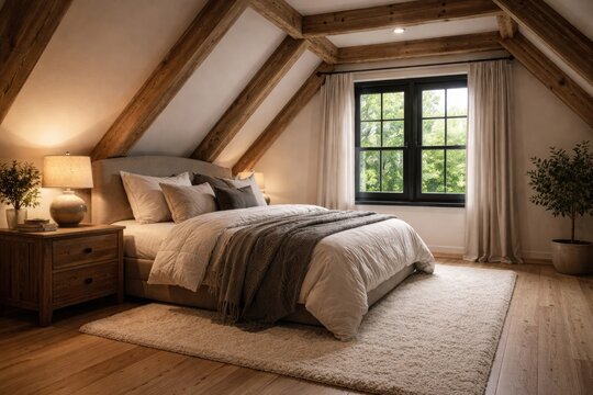 Cozy attic bedroom scene side perspective light wood floor with bed nightstand black wooden window frame and white carpet mockup