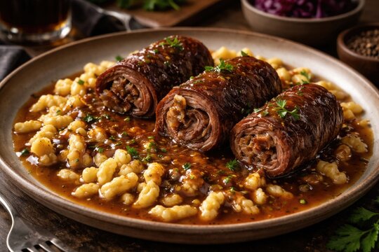 Hearty German Wagyu roulades slow simmered with spaetzle and spicy brown gravy presentation