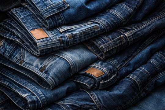Aerial image of multiple denim jeans folded on top of each other