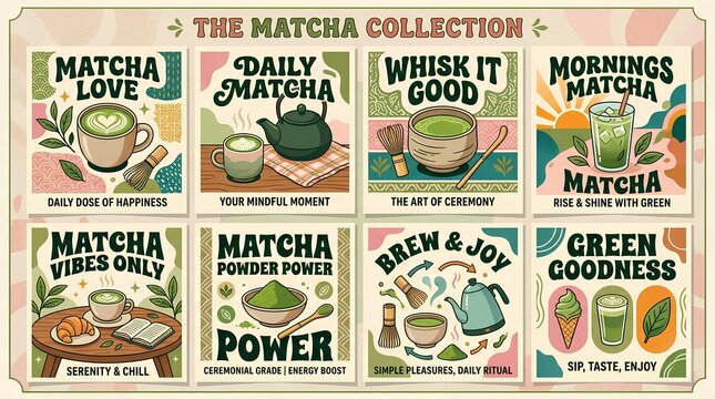 A trendy flat vector poster collection about matcha tea, arranged as a grid of artistic cards