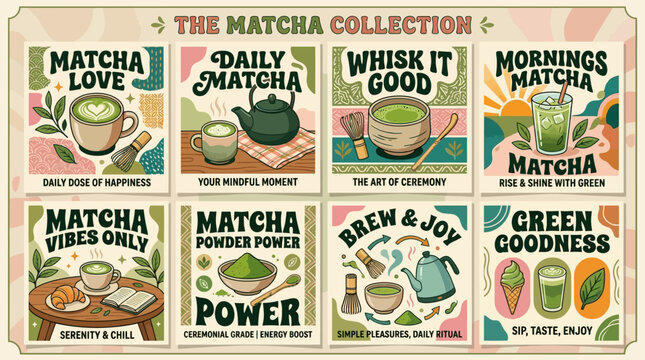 A trendy flat vector poster collection about matcha tea, arranged as a grid of artistic cards