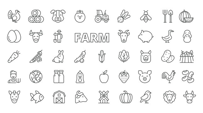 Farm icons in line design. farm, agriculture, tractor, field, harvest, livestock, rural on white background vector. Farm editable stroke icons