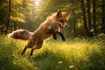 Fototapeta premium Red fox playfully jumping in a wide green grassy forest clearing on a warm summer afternoon