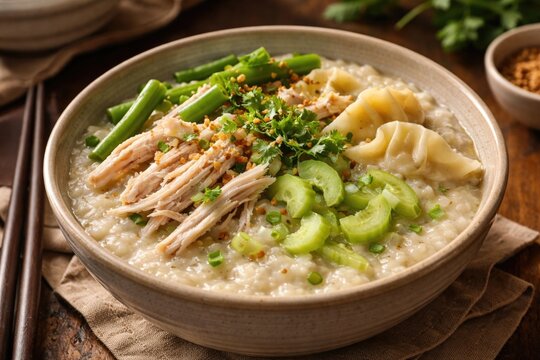 Warm bowl of chicken porridge featuring shredded chicken wontons green beans and celery slices