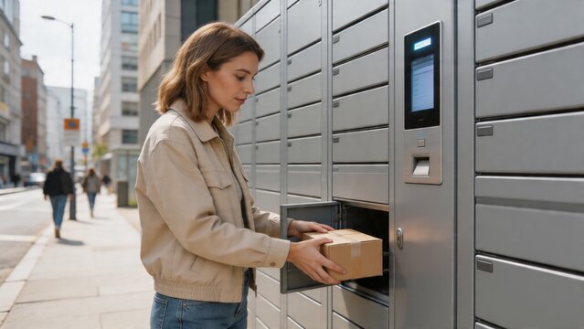 A woman retrieves a package from an automated delivery locker on a city street, showcasing modern urban logistics and secure package collection.