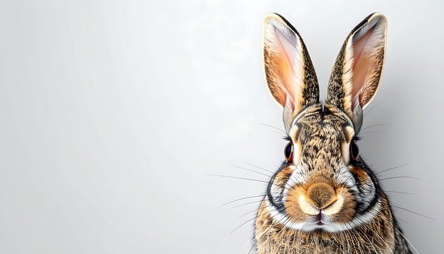 Close up of a rabbit's face with detailed fur texture and large ears, looking directly at the camera on a plain background, natural wildlife portrait
