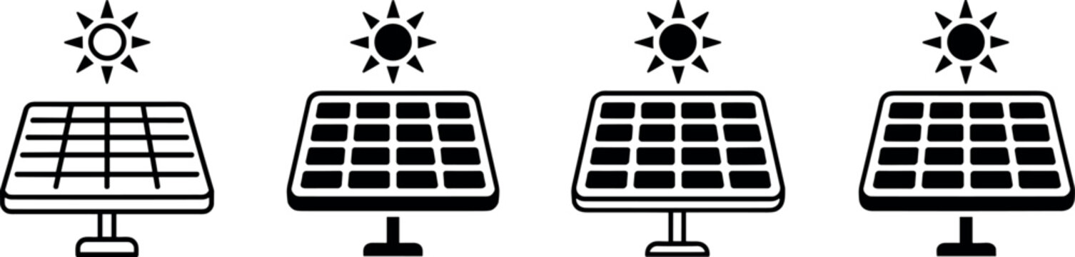 Four stages of solar panel charging with sun energy progression illustration