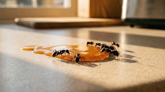 Black ants carrying food on wooden surface