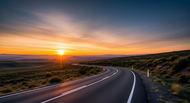 Winding road through a desert landscape at sunset with a clear sky