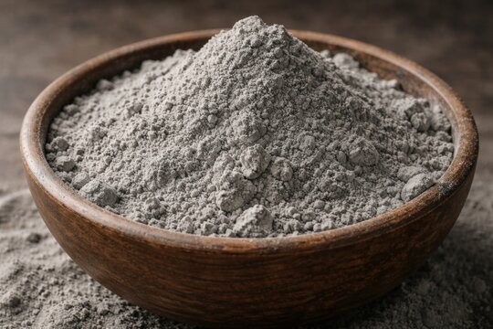 Wooden bowl filled with finely powdered titanium dioxide showing its typical gray pigment texture