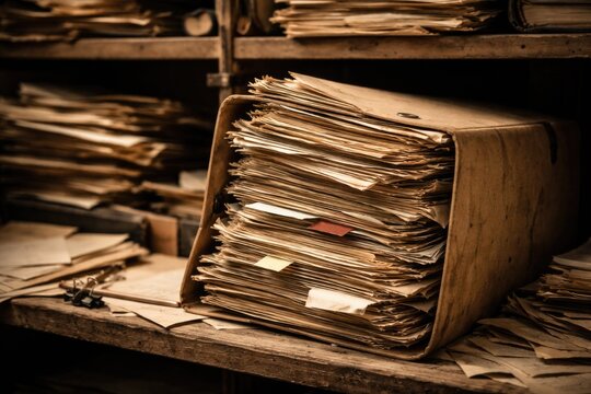 Folder holding vintage paper files in disorder on a cluttered documents shelf with copy space
