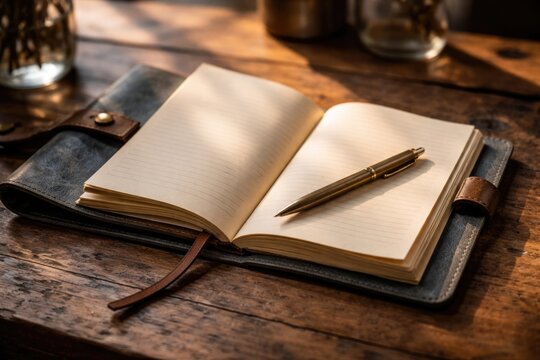 Gray blue artisanal leather diary open to beige paper for personal reflections