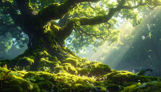 Ancient moss-covered oak tree bathed in ethereal sunbeams, dappled light filtering through forest canopy, magical woodland atmosphere, fantasy nature scene