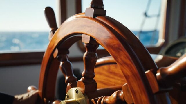 A person's hand guides a classic wooden steering wheel on a ship. The vessel glides across the sun-drenched blue ocean, visible through the windows of the bridge.