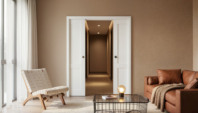 Modern minimalist living room with double pocket doors