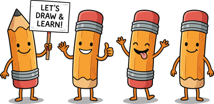 Cute Cartoon Pencil Characters with Funny Faces Holding Let's Draw and Learn Sign in Fun Educational Kids Mascot Set