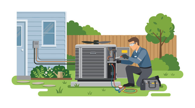 A professional technician kneels on a residential lawn to perform maintenance on an outdoor HVAC air conditioning condenser unit in a suburban home garden setting.