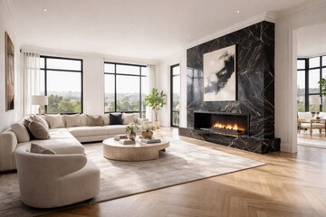 Obraz premium Spacious luxury apartment with bright natural light, wide windows, white painted walls, wood flooring, and a dark marble fireplace centerpiece