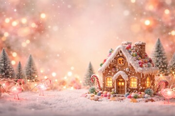 Naklejka premium Soft pastel backdrop highlights a festive gingerbread house surrounded by gentle snowflakes and flamingo lights with inviting copy space