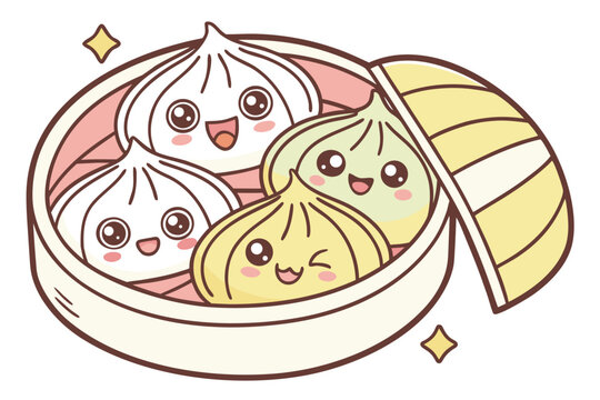 Steaming bamboo basket filled with variety of delicious looking dim sum dumplings each featuring cute smiling face and sparkling eyes for cheerful food themed graphic design illustration or menu art.
