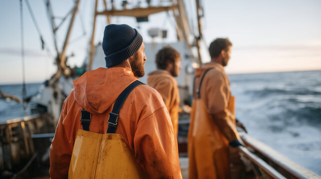 fishing boat crew hauling longline gear on North Sea deck in heavy swell, orange oilskins, mechanical hauler spinning, ice hold open below hatch, commercial fishing industry occupation maritime labo