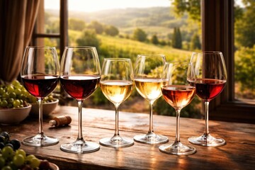Naklejka premium Variety of wine glasses filled with red and white wines by a window with vineyard vistas