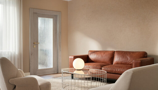 Modern living room with brown leather sofa and wooden full lite door 