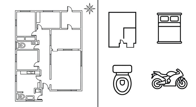 Floor plan icons set line drawing style white background
