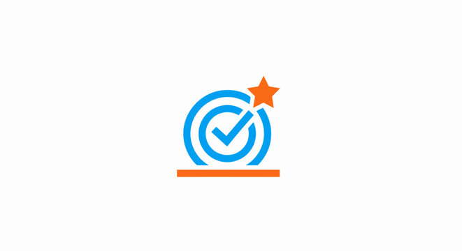A blue target with a checkmark and orange star on a white background with an orange base.