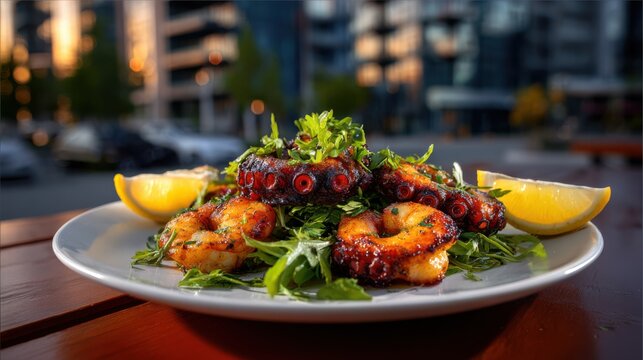 Grilled octopus and shrimp on a white plate with lemon wedges and fresh herbs, set against a coastal urban sunset.
