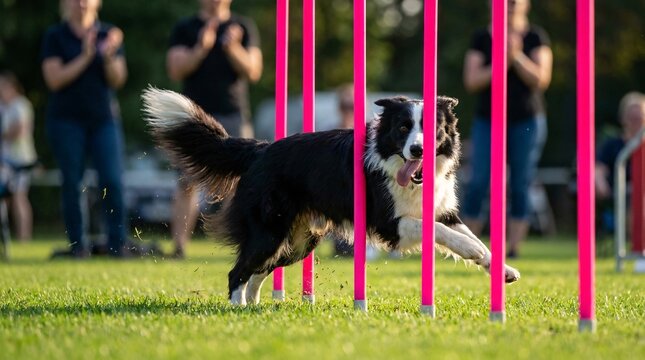 Energetic black and white border collie jumps through neon pink agility weave poles on a manicured green lawn in high-speed action photos.