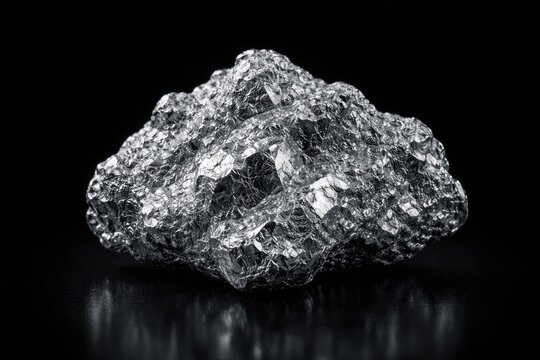 Raw silver nugget specimen showcased against solid black for mining illustration