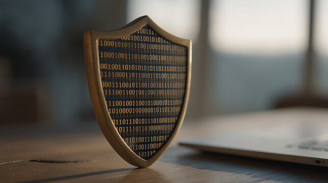 Digital badge icon design for cybersecurity certification showing shield with binary code pattern, expiration date ribbon, and issuing organization field in technical vector style for IT professiona