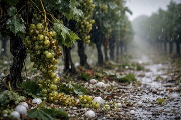 Naklejka premium Vineyard grapes suffering hailstorm damage with copyspace for text