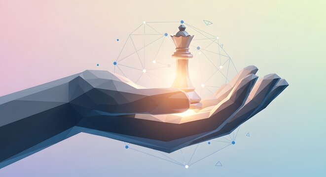 a hand holding a glowing chess piece.