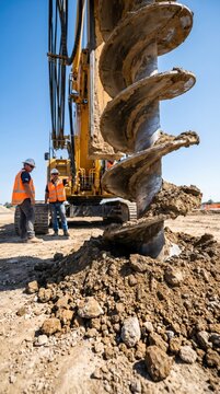 Construction workers operating large drilling rig on a dirt site